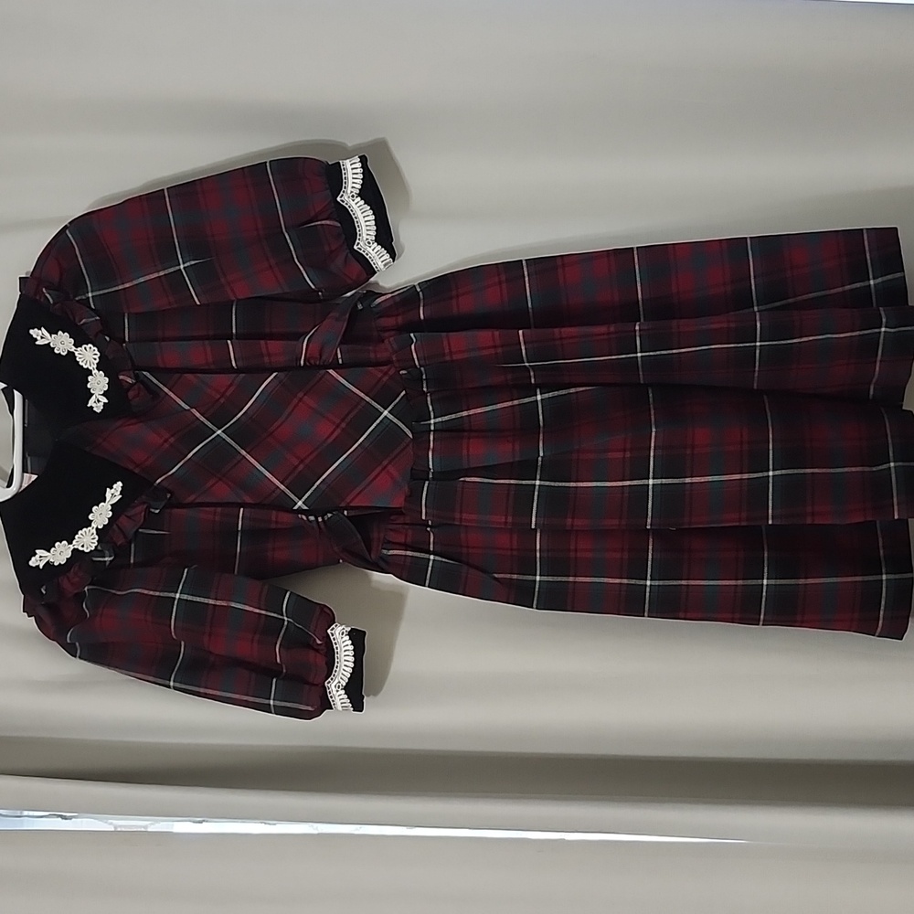 Plaid Kids Dress with Lace Trim